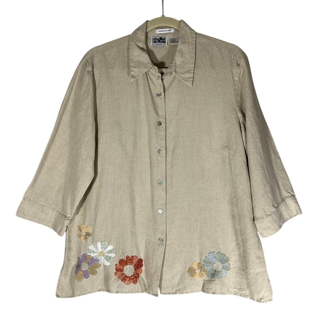 Richard Malcolm Sz XL 100% Irish‎ Linen Floral Embroidered Button Up Shirt Boho